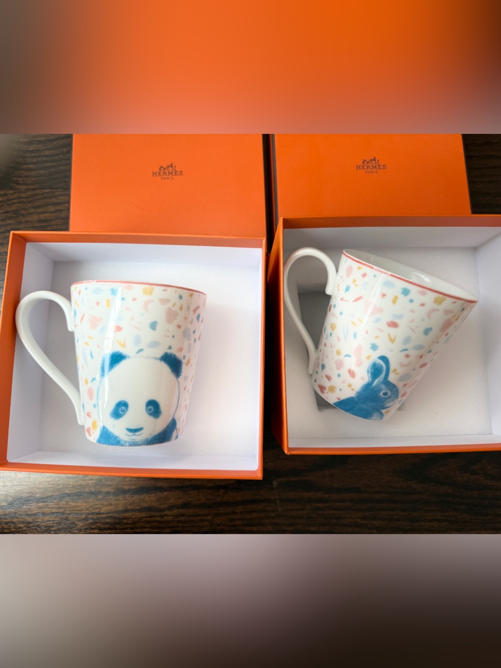 Hermes Passe Passe Collection White Mugs with Blue Animal Motifs (Set of 2)